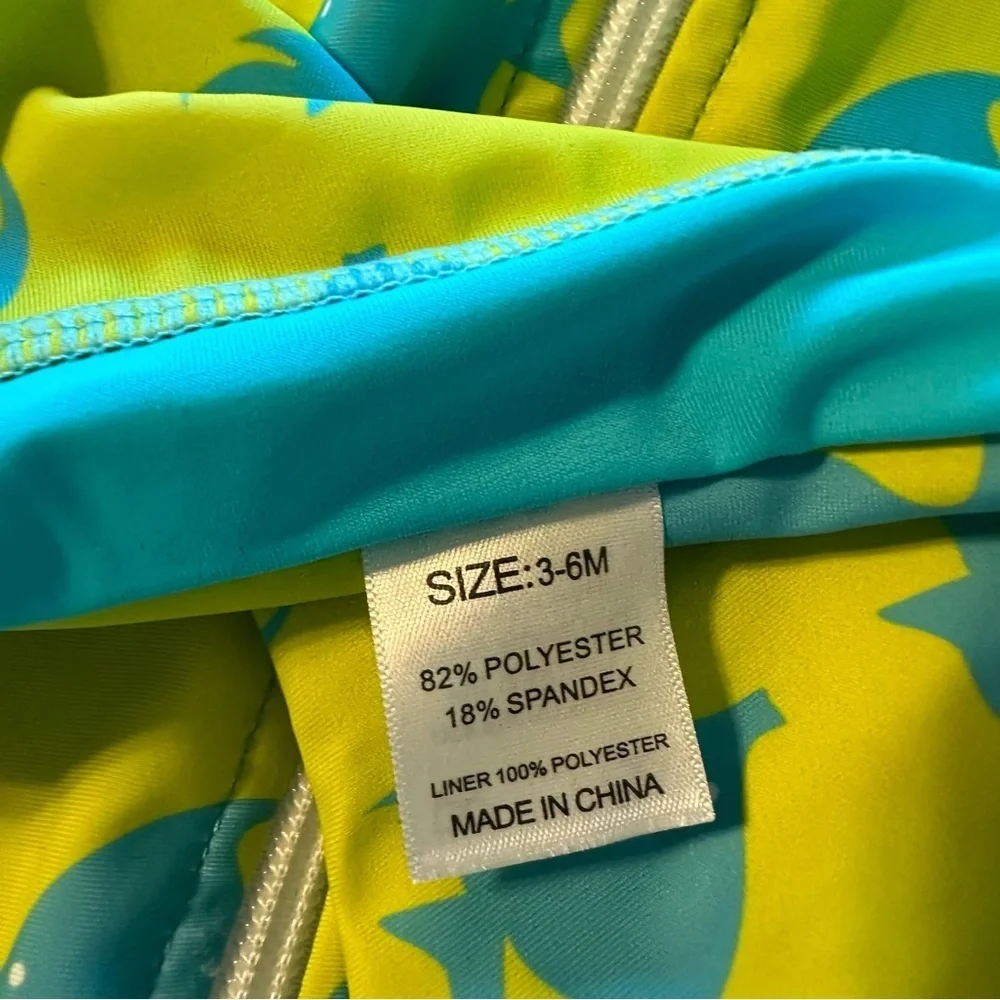 Yellow and Teal Fish Print Baby Swimsuit with Hat